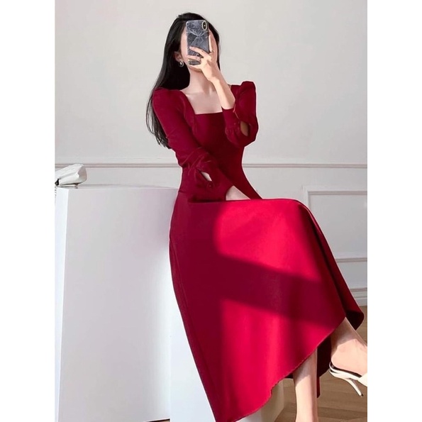 Váy đỏ cổ vuông tay bồng dài qua gối diện tết xinh