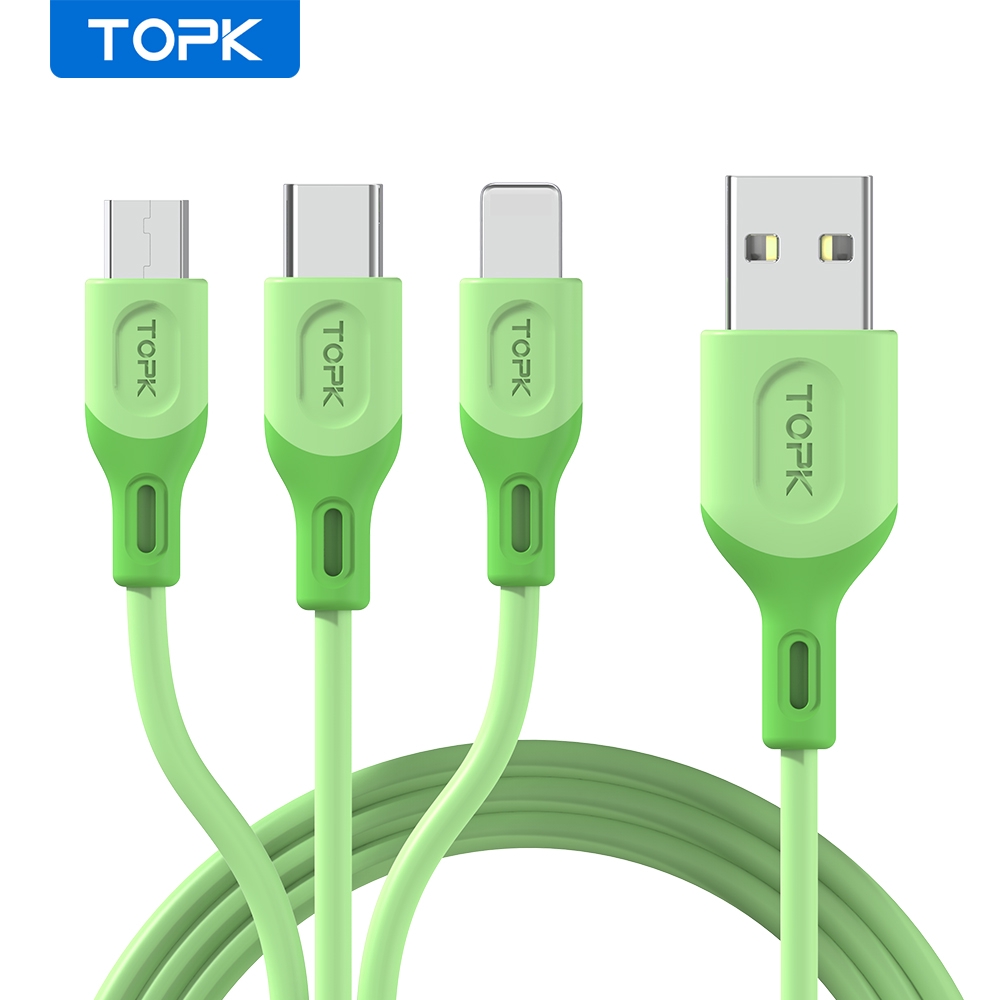 Cáp sạc TOPK AN84 bằng TPE silicone dẻo đầu Micro USB Type C Lightning 3 trong 1 tiện dụng