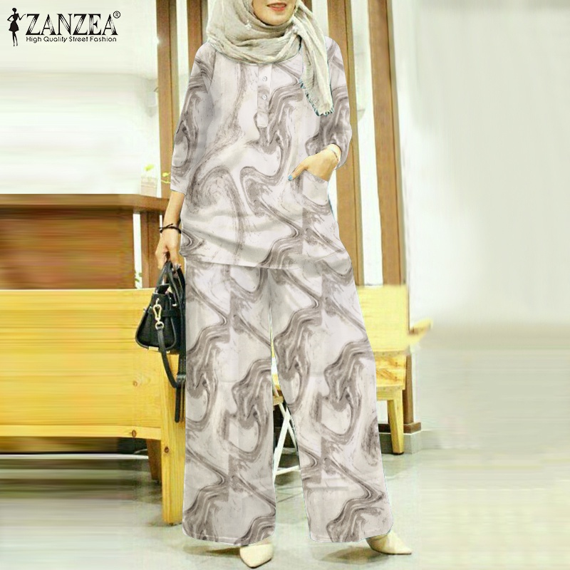 Zanzea Bộ Áo Tay Lửng 3 / 4 Phút Và Quần Dài Ống Rộng Lưng Thun Cho Phụ Nữ Hồi Giáo