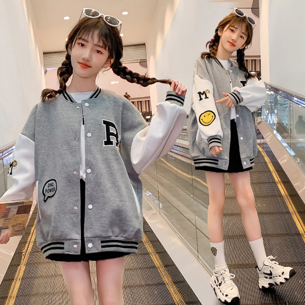 Áo bomber bé gái 14-45kg, áo khoác bé gái 4-14 tuổi mẫu chữ R chất nỉ cao cấp sang trọng, hàng may kĩ.BOMERR68