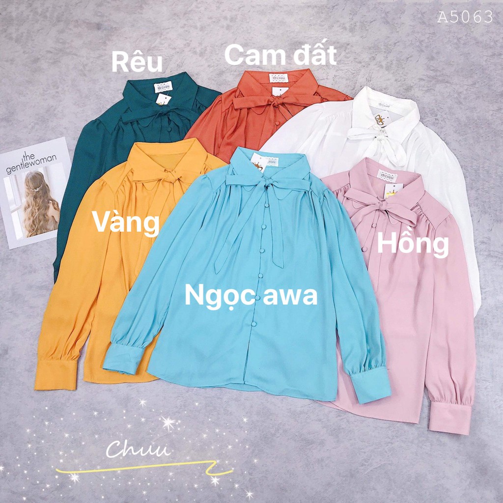 Áo sơ mi tay dài cổ nơ nút bọc Basic CHUU A5063