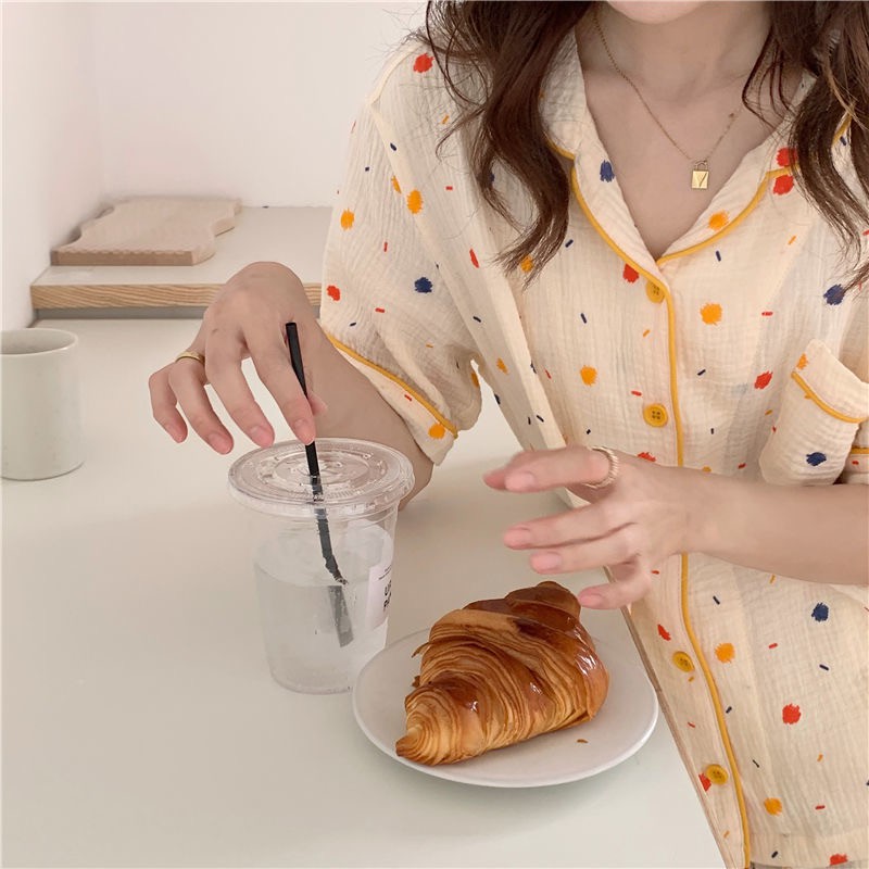 [CÓ SẴN] Đồ ngủ pijama vàng chấm bi nhiều màu đồ mặc nhà cộc tay quần đùi dễ thương Hàn Quốc ullzang