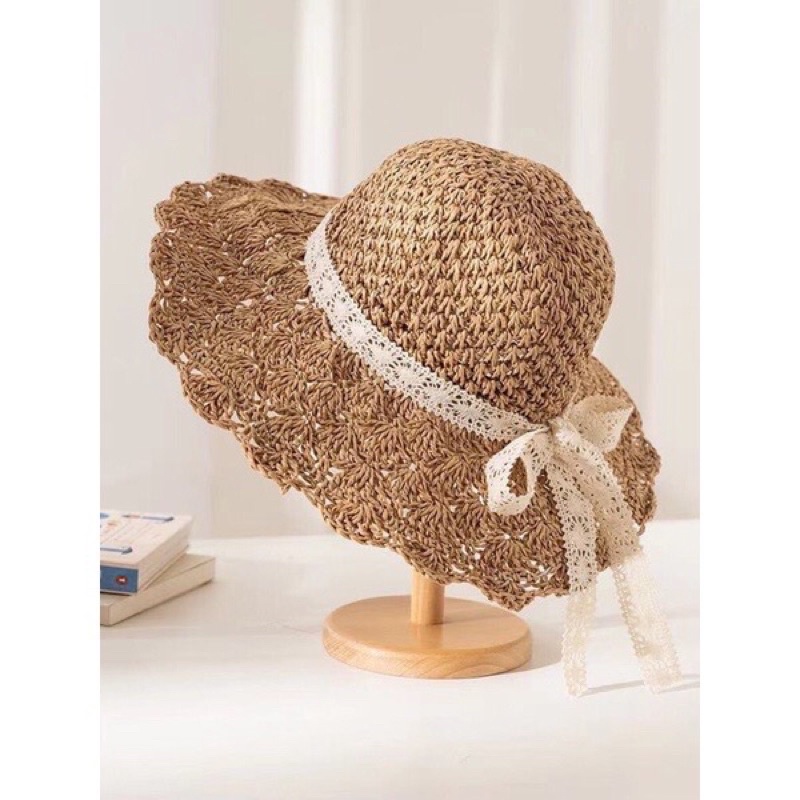 Mũ cói mềm nơ ren tiểu thư phong cách Vintage- mũ gấp gọn cuộn nhỏ bỏ túi xách vali đi du lịch