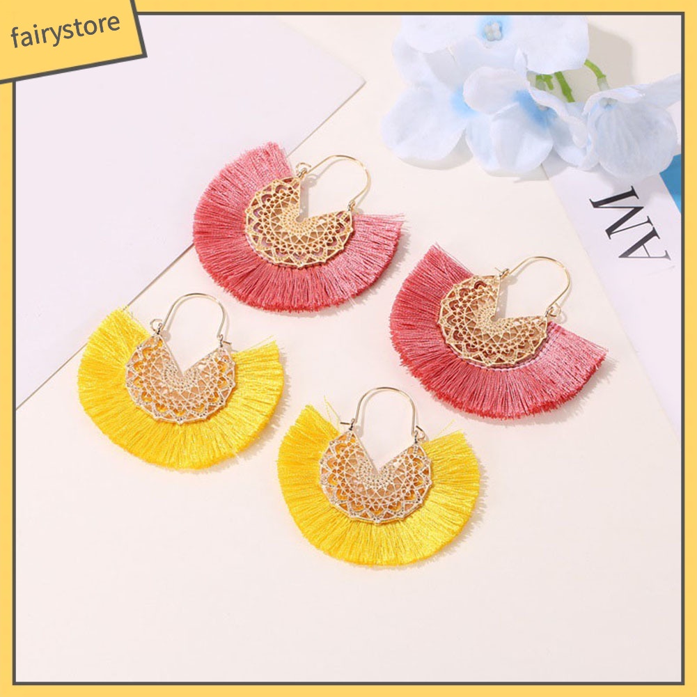 Khuyên Tai Dáng Dài Hình Quạt Phối Tua Rua Phong Cách Bohemian Thời Trang