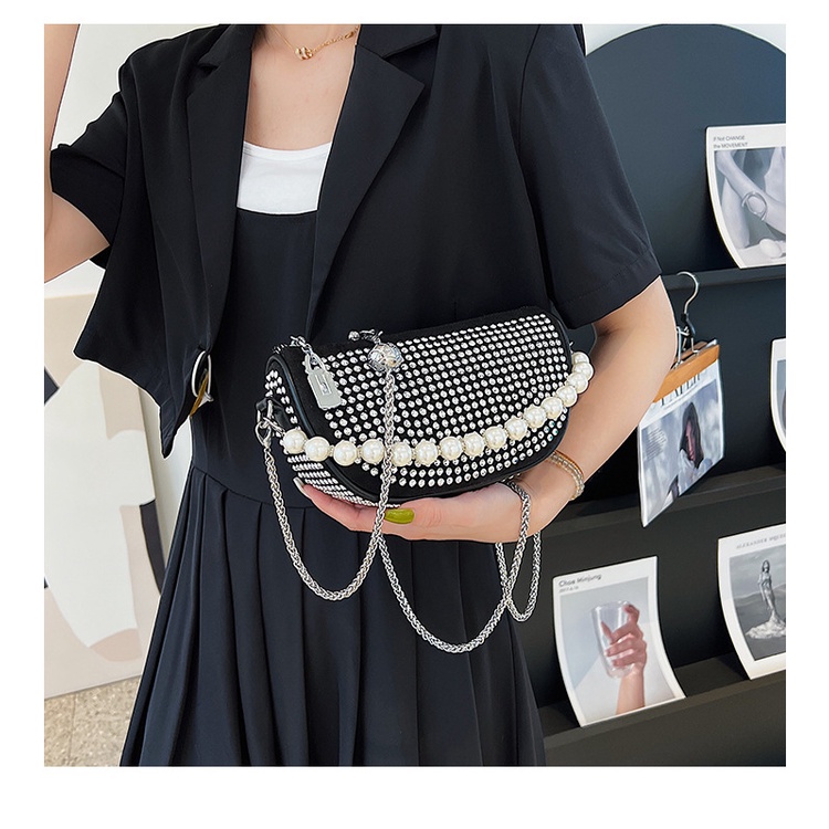 JASMIN NOIR Túi Đeo Chéo Đính Ngọc Trai Phối Dây Xích Thời Trang Cao Cấp Cho Nữ