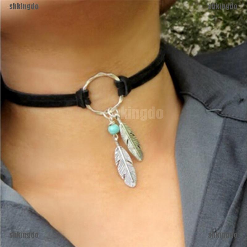 Vòng cổ choker mặt dây hình lông vũ bằng kim loại phong cách Bohemian