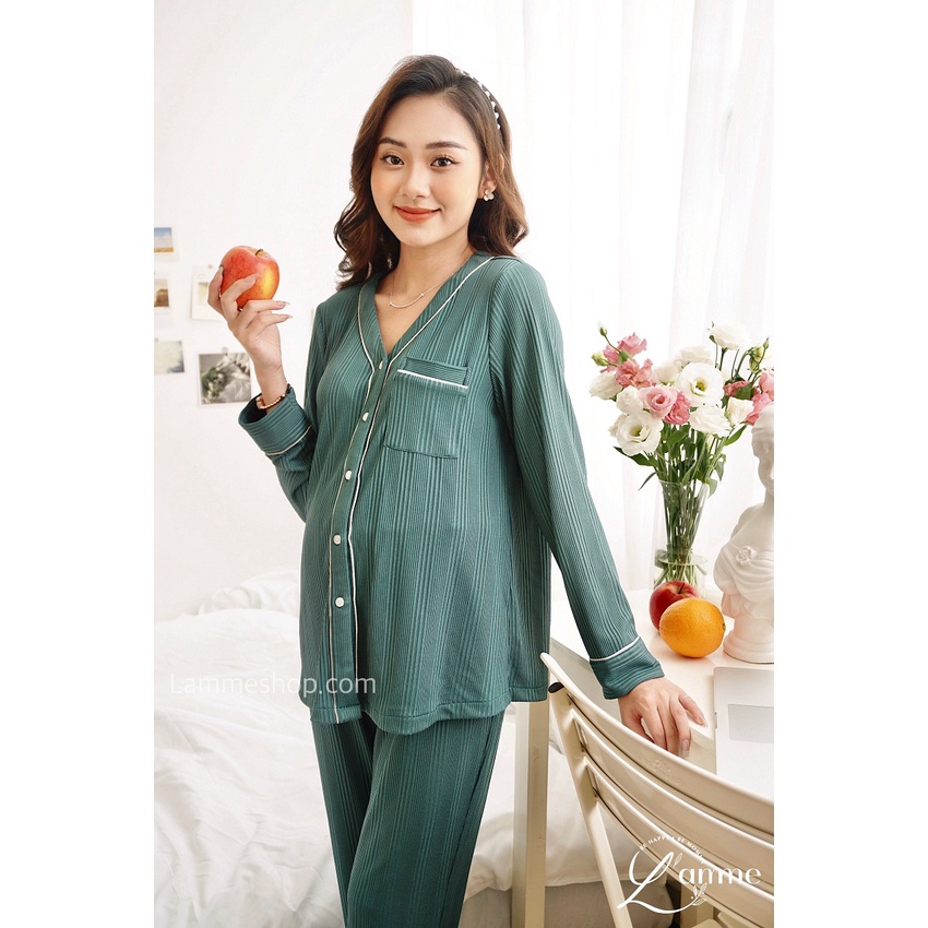 Bộ đồ bầu mặc nhà LYN basic chất liệu cotton gân cao cấp, thấm hút mồ hôi tốt, áo dạng cài khuy by LAMME