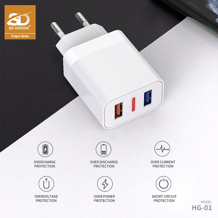 Củ sạc 2 cổng USB HG01 SD DESIGN có đèn báo chính hãng – Cốc sạc cho điện thoại Iphone, Oppo, Samsung, Realme.. - Panda