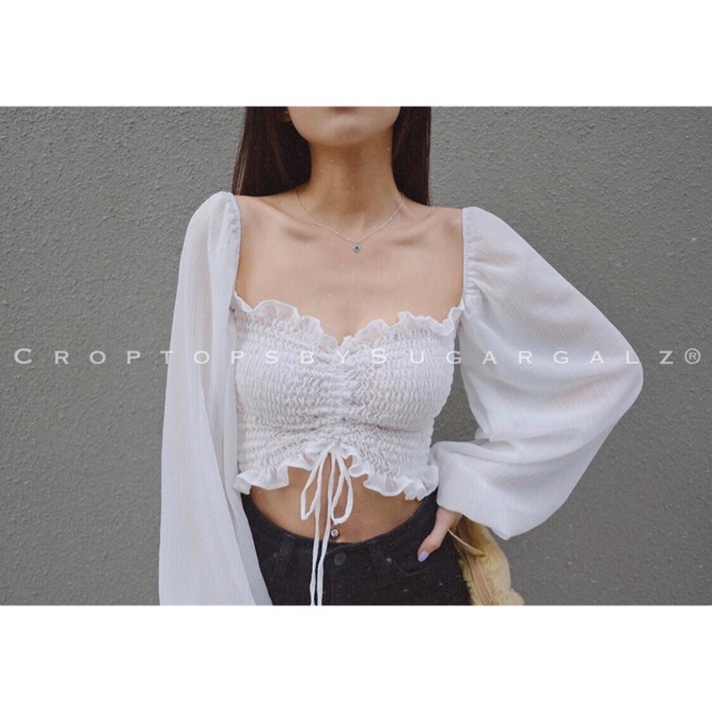 Croptop cổ vuông tay bồng dây rút chạy chun - by SugarG