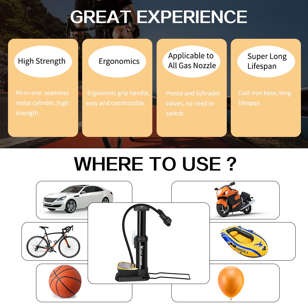 Bơm Xe Đạp Xe Máy... WEST BIKING Để Sàn Di Động 140PSI