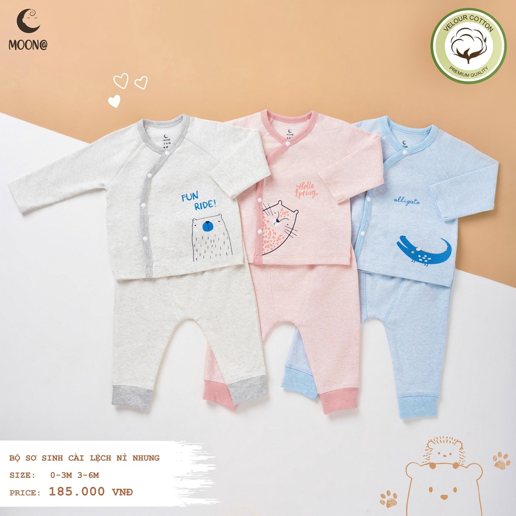 Bộ sơ sinh thu đông cotton nỉ mẫu 2022 cài lệch Moon@ cho bé (0-6 tháng)