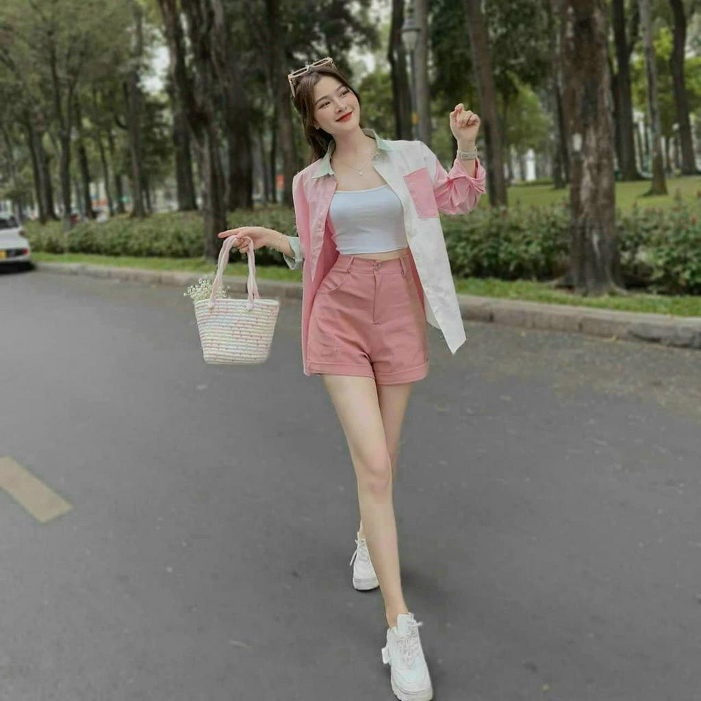 Set bộ thời trang nữ đi chơi chất áo khoác loan màu cotton cổ sơ mi đính nút tay dài kèm lót quần đùi lưng nút mini