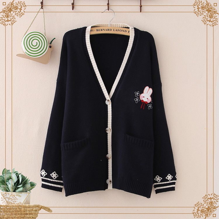 Khoác Cardigan len mịn thêu hình thỏ dễ thương