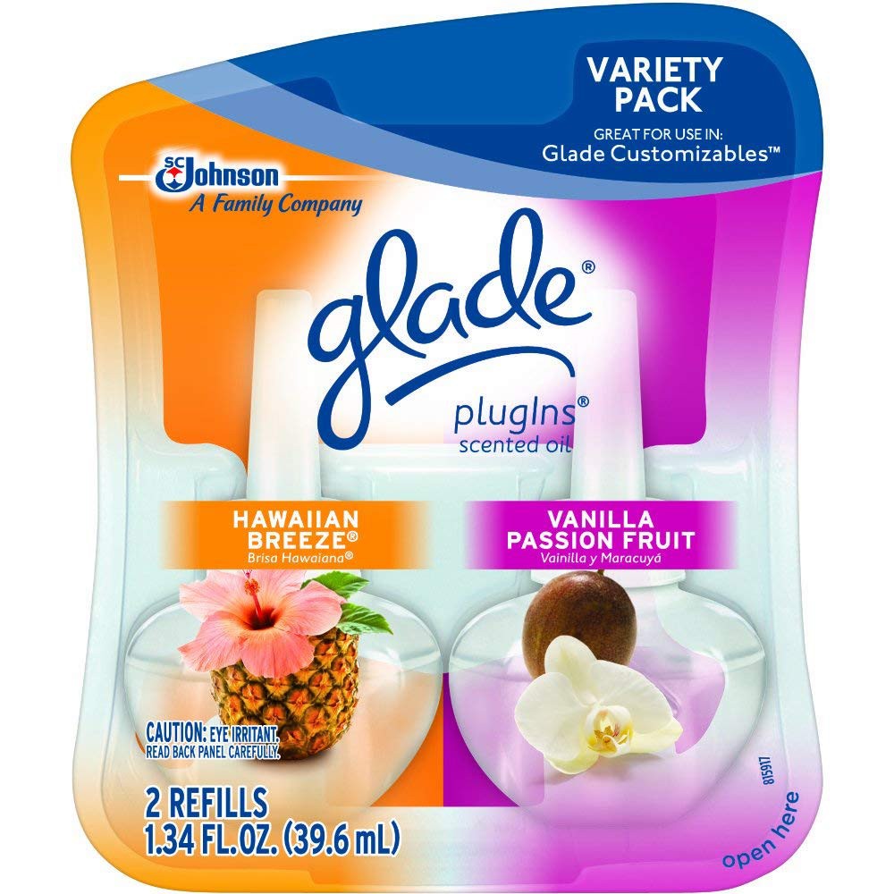 Bộ 2 chai tinh dầu thơm phòng Glade PlugIns Air Freshener Refill, Hawaiian Breeze & Vanilla Passion Fruit 2x20ml (Mỹ)