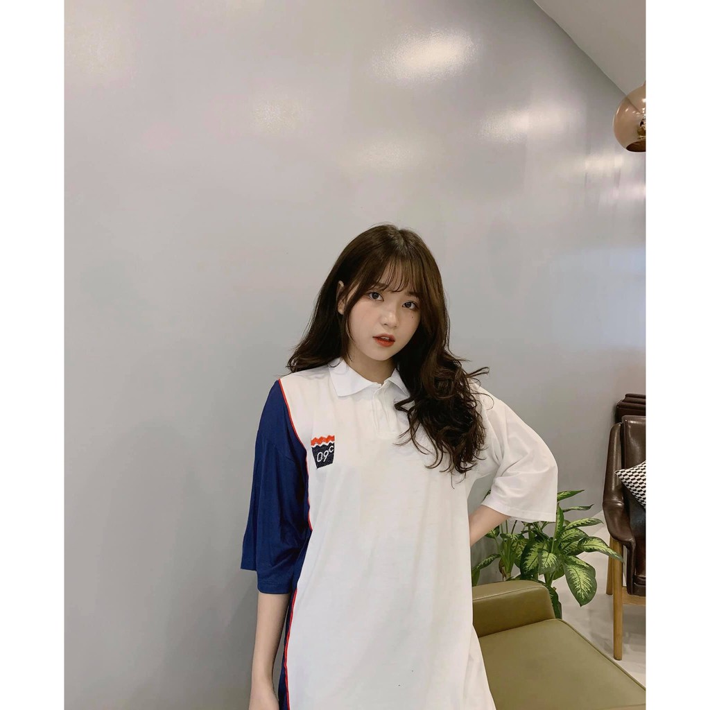 Áo polo nữ phong cách ULZZANG-UNISEX Áo thun polo form rộng phối tay lỡ thêu