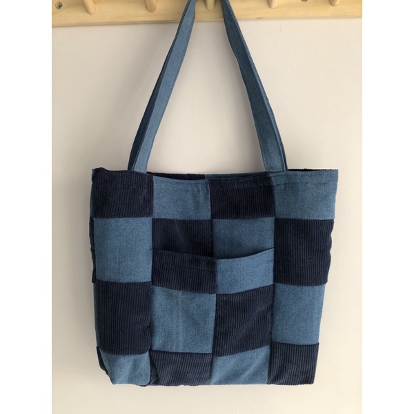 Túi tote phối caro, túi tote nhung tăm & jean, phong cách hiện đại, hàng thiết kế