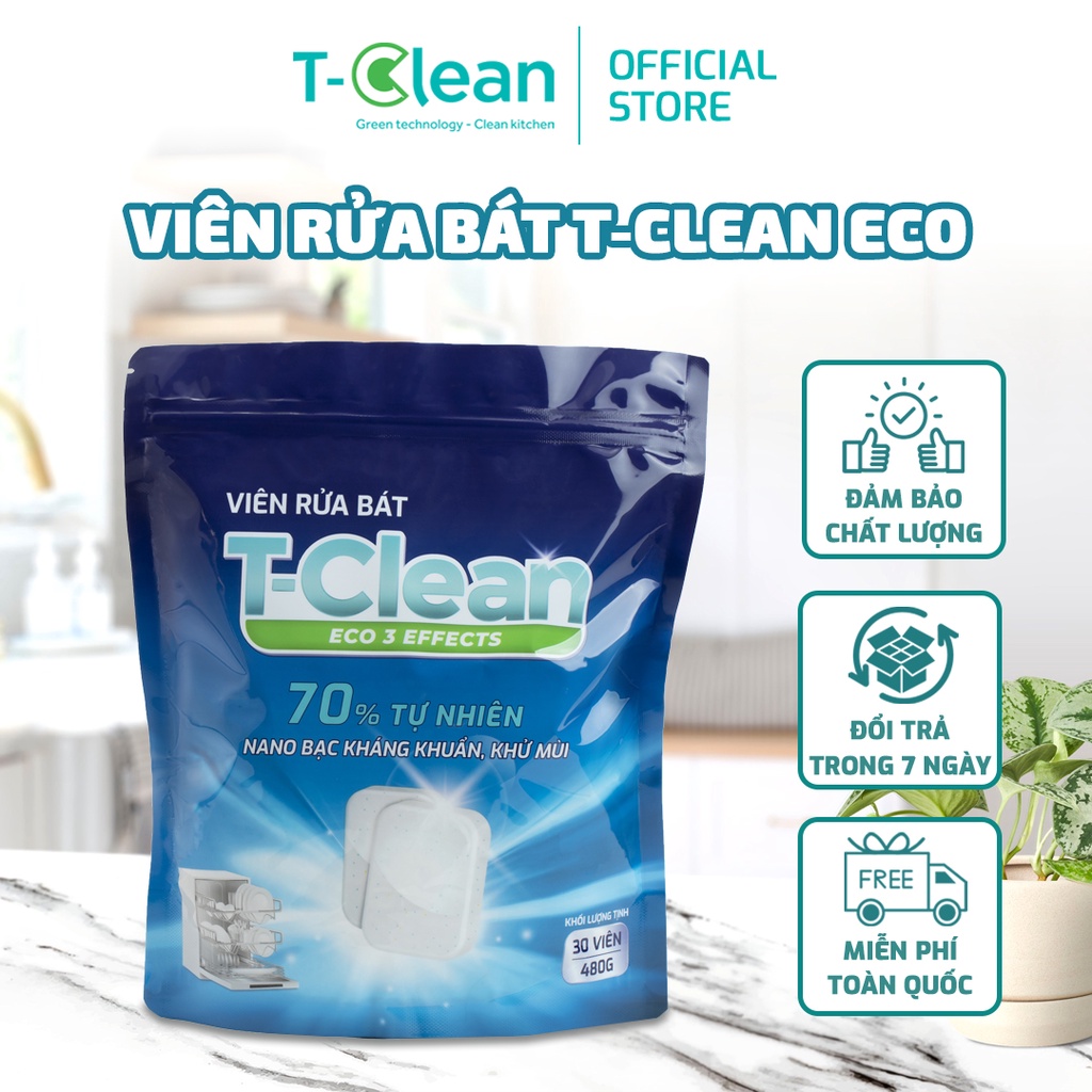 Túi 30 Viên Rửa Chén Bát Tclean (T - Lean) Cho Máy Rửa Bát Sạch Bóng, Kháng Khuẩn, Khử Mùi