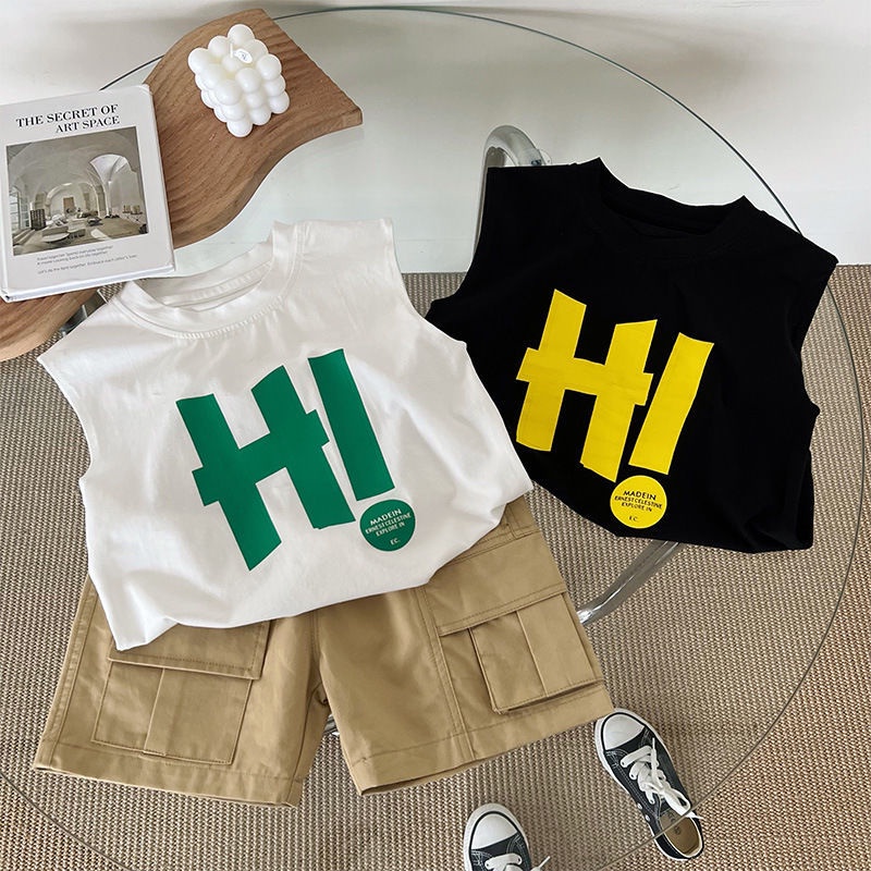 [Babycat] Hàng Có Sẵn Áo Thun Cotton Nguyên Chất Không Tay Dáng Rộng In Chữ Xiaowajia Phong Cách Phương Tây Dễ Phối Đồ Mùa Hè Mới Cho Bé Trai