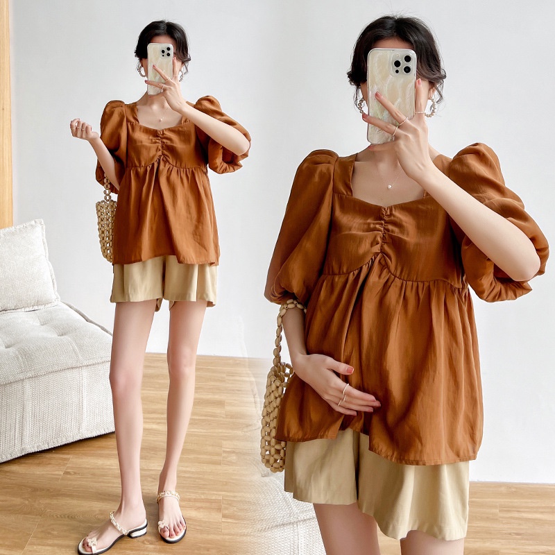 Bộ Áo Sơ Mi Tay Phồng + Quần ngắn ống rộng Thời Trang Mùa Hè Dành Cho Mẹ Bầu