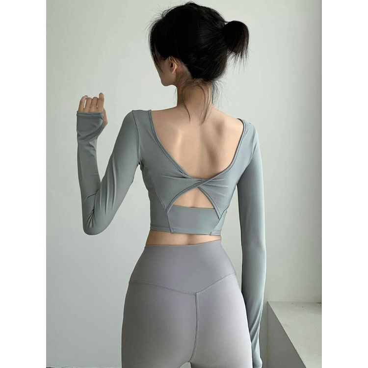 Áo Thun Thể Thao Tay Dài Có Đệm Ngực Dây Chéo Lưng Thời Trang Thu Đông