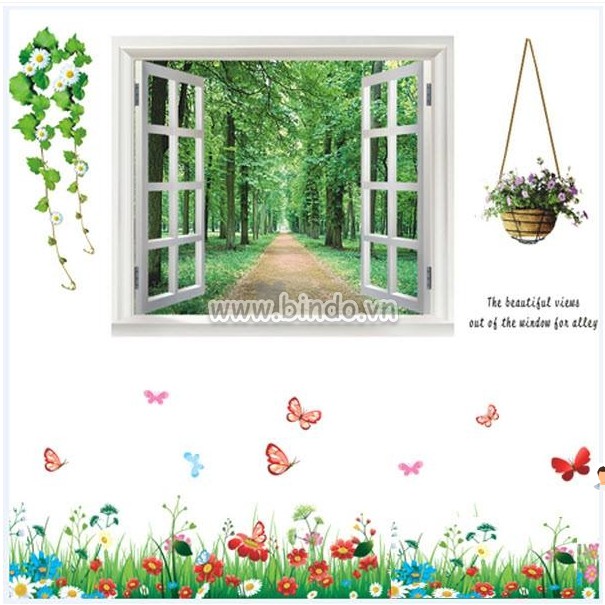 BỘ COMBO DECAL GHÉP ĐÔI TRANG TRÍ - Cửa Sổ 1 con đường kết hợp chân cỏ hoa sắc màu (2 TẤM )