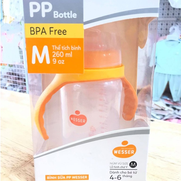 [Tặng 1 Núm Size S]Bình Sữa Wesser Nano Cao Cấp Cổ Rộng PP Bottle Kháng Khuẩn Có Tay Cầm Dung Tích 180ml/ 260ml