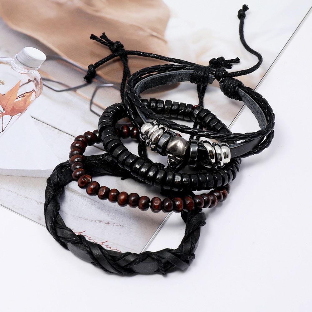 Set vòng tay da nam SKULL hạt cườm nhiều phong cách