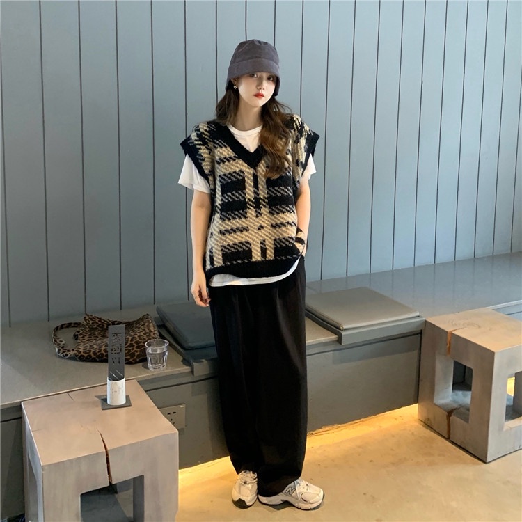 Xiaozhainv Áo sweater không tay cổ chữ V in họa tiết sọc caro thời trang Hàn Quốc