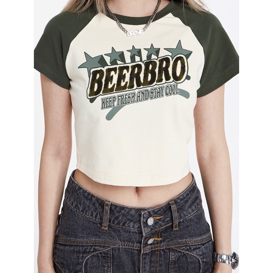 Áo croptop nữ STAY COOL Beerbro gân tăm hoạ tiết phối màu Ulzzang (Ảnh thật/Có sẵn)