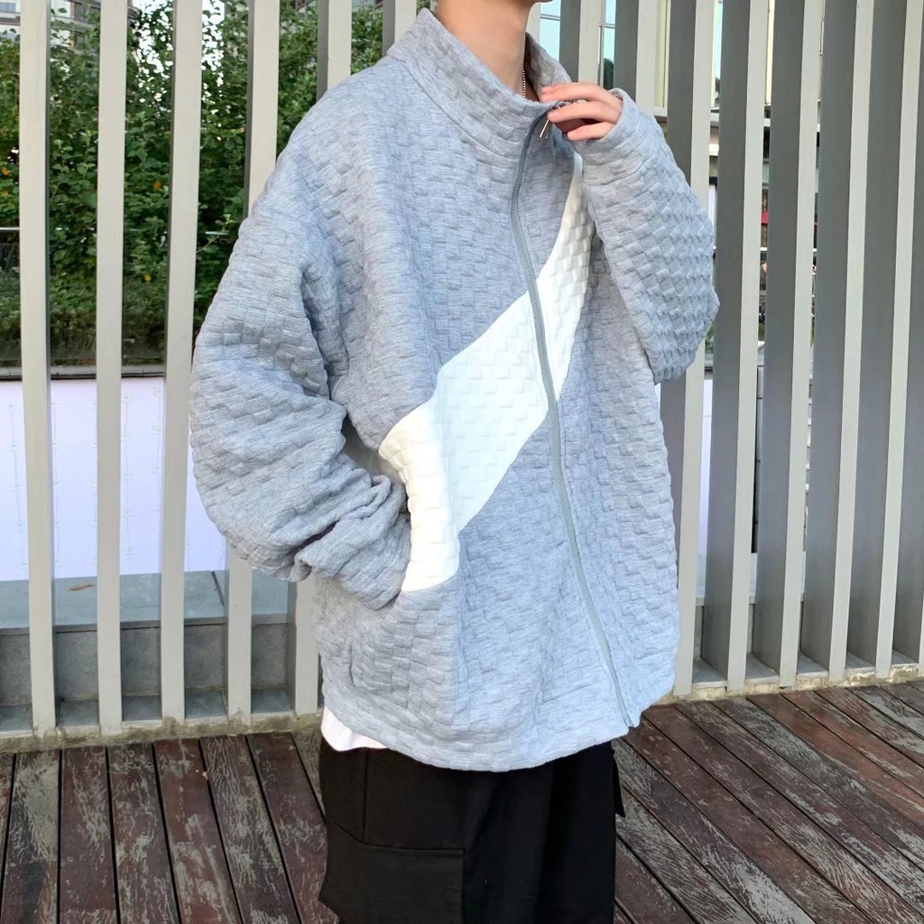 Áo khoác cardigan len cổ đứng dáng rộng phối khóa kéo phong cách đường phố Hàn Quốc cá tính dành cho nam