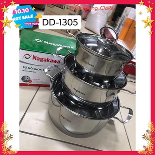 Bộ nồi inox cao cấp 1 đáy vung kính cường lực nagakawa đảm bảo vệ sinh