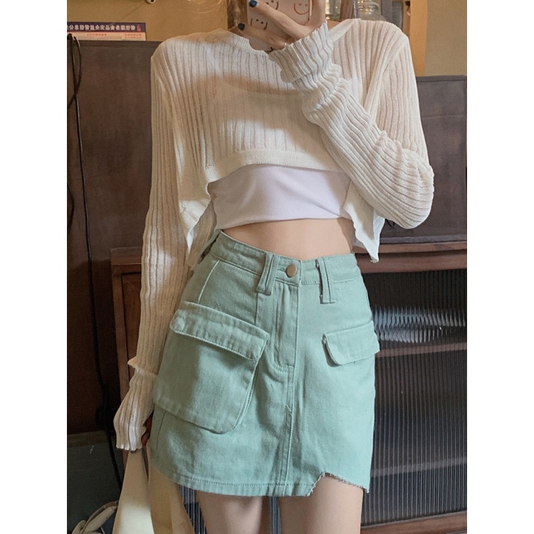 Porozi Áo croptop dệt kim tay dài thời trang phong cách Hàn Quốc cho nữ