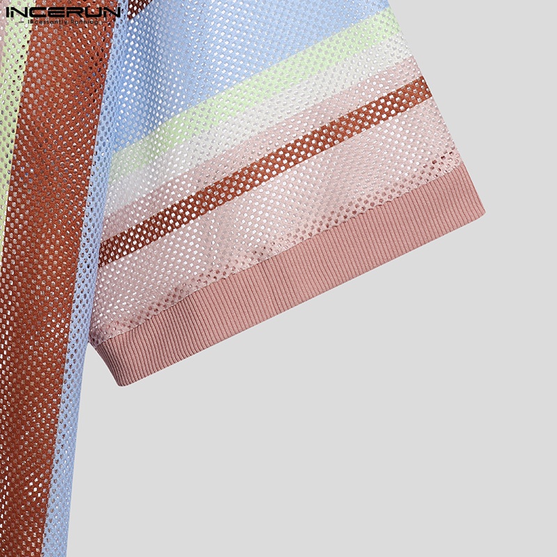 Áo thun INCERUN tay ngắn họa tiết sọc lưới nhiều màu sắc thoải mái cho nam