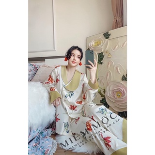 Pyjama dài cổ cách điệu hoạ tiết cao cấp