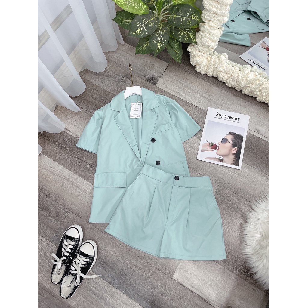 Set Vest nữ Blazer cộc tay quần đùi đi chơi sang chảnh phong cách Hàn Quốc xanh mint thanh lịch