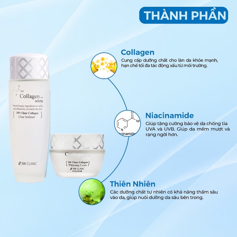 Bộ Trắng Da - Bộ Dưỡng Trắng Da Dưỡng Ẩm Chiết Xuất Từ Collagen 3w Clinic Hàn Quốc