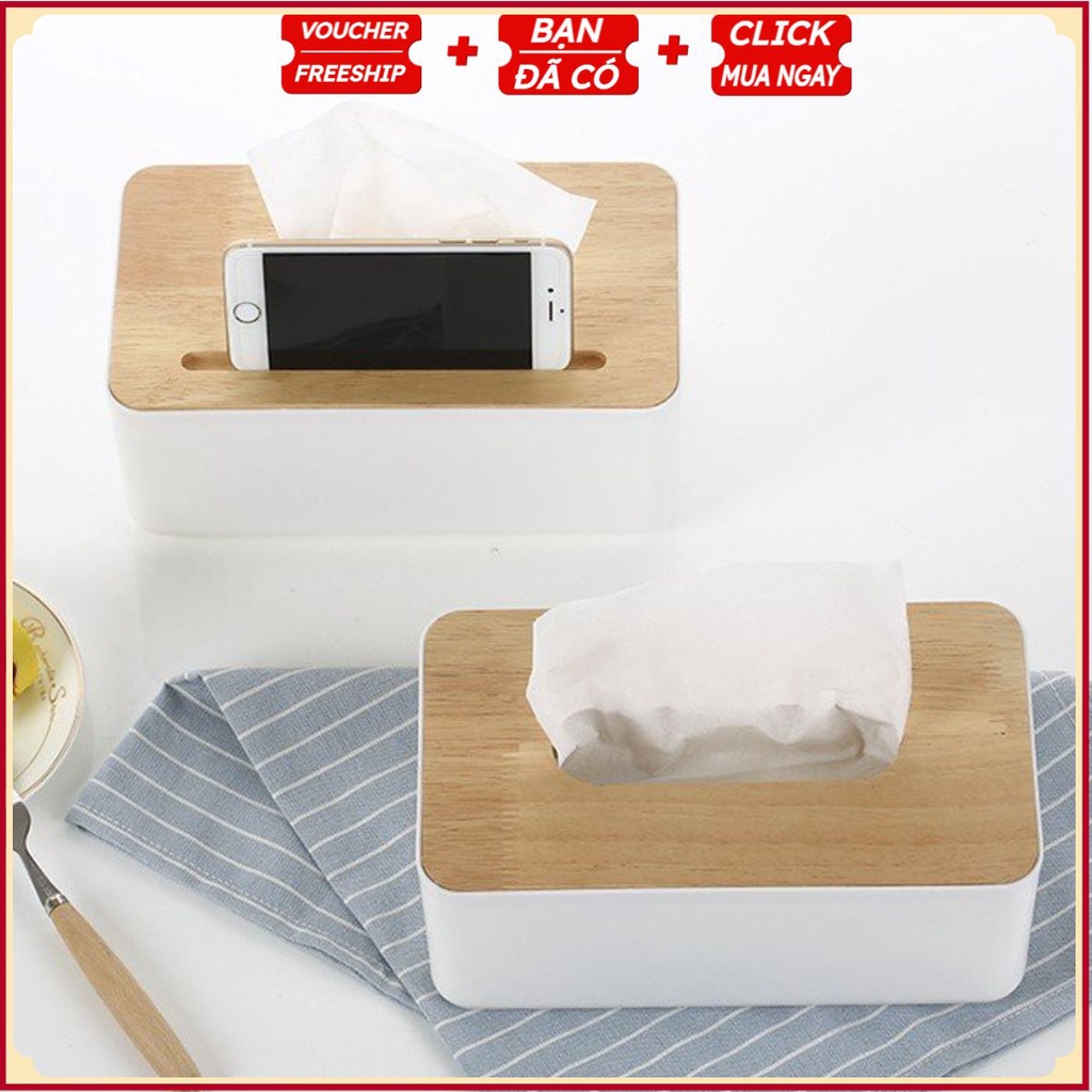 Hộp Đựng Giấy Kiêm Giá Để Điện Thoại (Nắp Vân Gỗ)