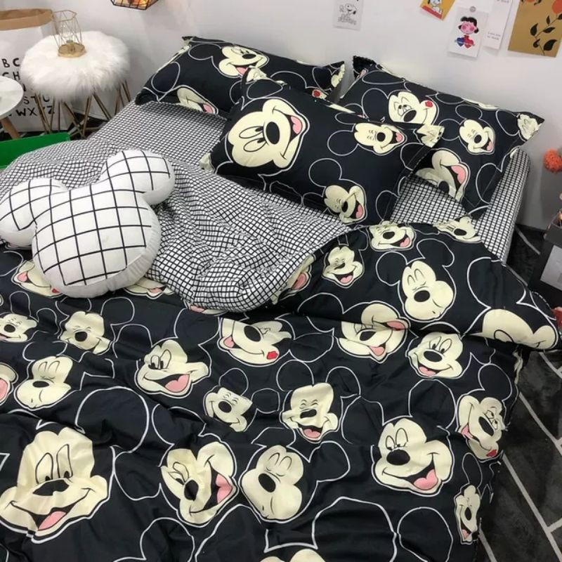 Bộ Chăn Ga Gối Chuột Mickey Polly Cotton Cao Cấp - Bộ Chăn Ga Gối Đệm 5 Món