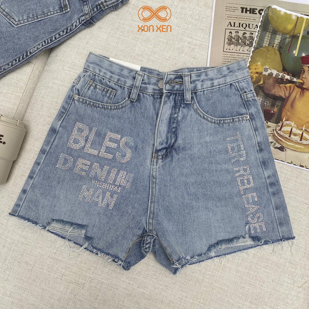 Quần short jeans nữ Quần đính đá cá tính chuẩn form XONXEN SHOP size sml mã 596