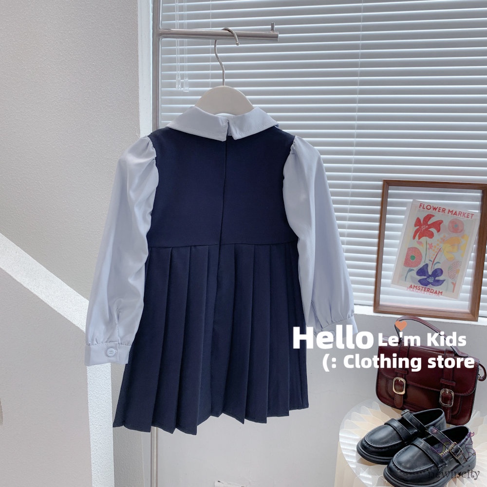 Bộ Áo Sơ Mi Đính Nơ + Chân Váy Xếp Ly Phong Cách Hàn Quốc Thời Trang Mùa Thu Cho Bé Gái