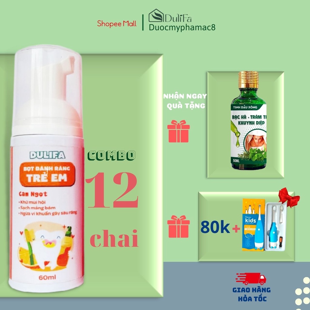 Combo 12 kem đánh răng cho bé nuốt được tạo bọt Dulifa thành phần hữu cơ hương dâu, hương cam, hương kẹo ngọt 60ml