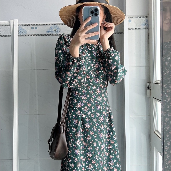 [Ảnh thật] Đầm midi hoa nhí tay dài cột nơ