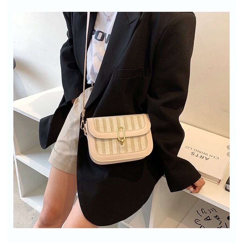 Túi Cói Đeo Chéo Pha Da Dáng Hộp Nắp Gài Phong Cách Giới Trẻ Hàn Quốc [ hàng mới giá tốt]