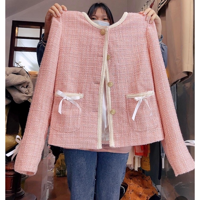 (Ảnh thật) Áo dạ hồng nơ tiểu thư xinh xắn