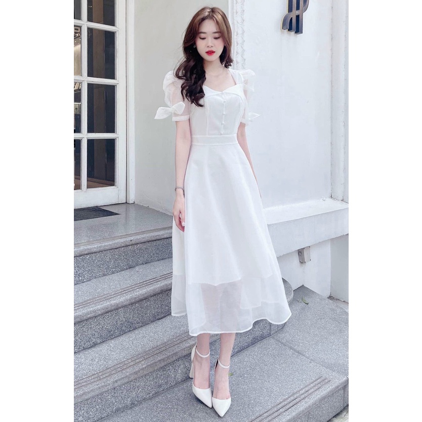Đầm nữ , đầm nữ voan 2 lướp cổ vuông tay búp kết nơ dáng xòe đính nút giữa