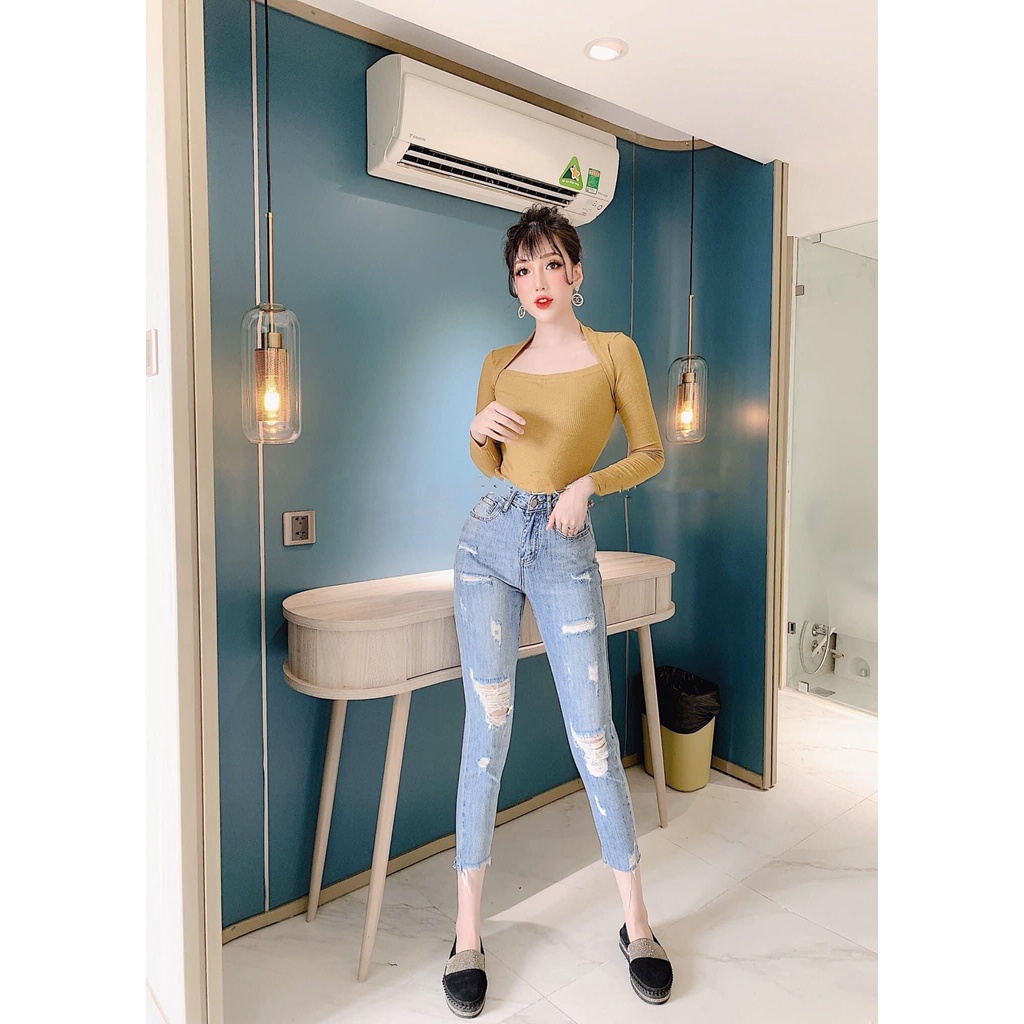 Quần jean 9 TẤC BIGSIZE Lưng cao, Rách kiểu, màu xanh nhạt, co dãn mạnh rẻ đẹp dành cho người béo Hottrend Moliruan