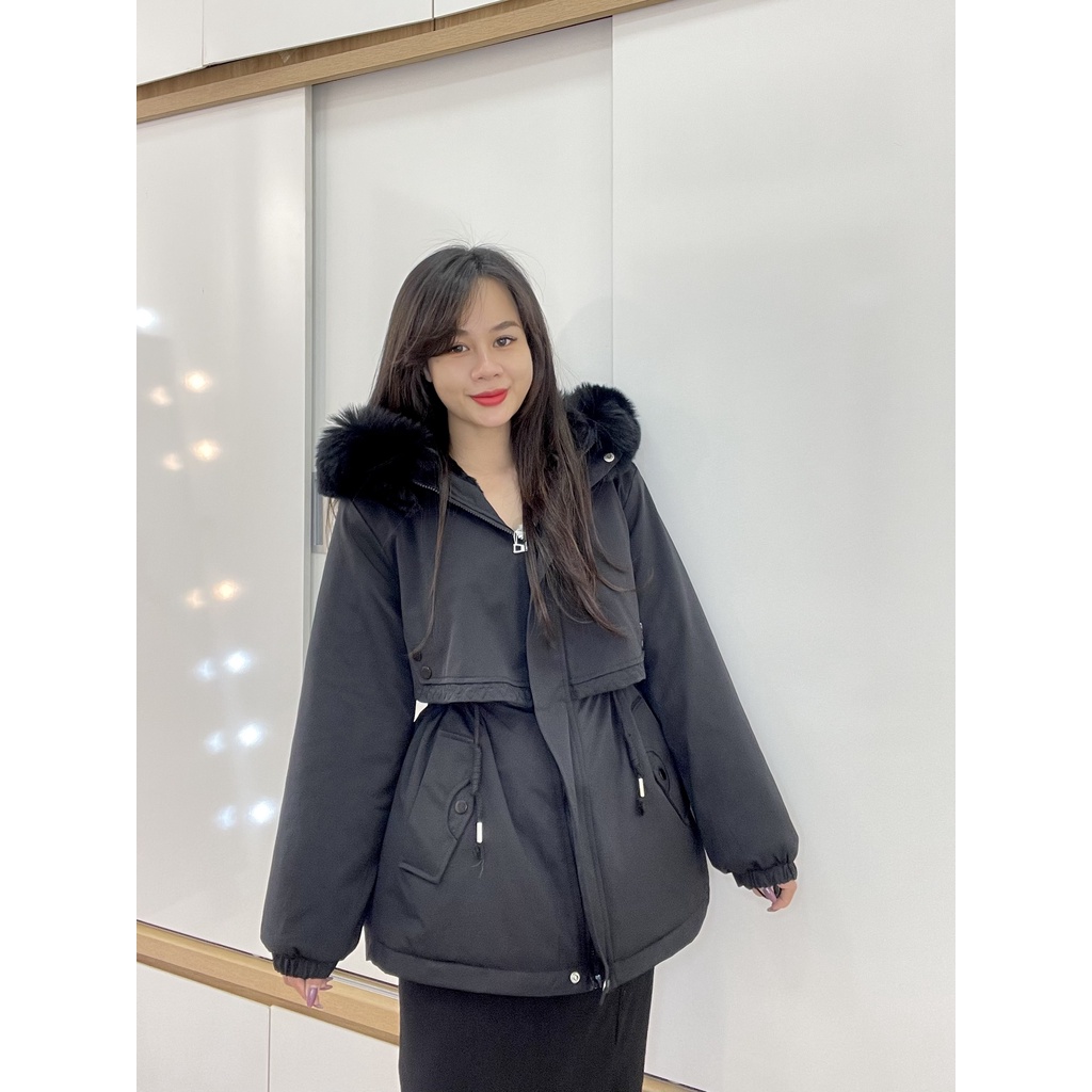 Áo khoác Parka Kaki lót lông dáng dài, dây rút eo điểm nhấn thêu chìm, phong cách Ulzang Hàn Quốc 802 1803 Imes Shop