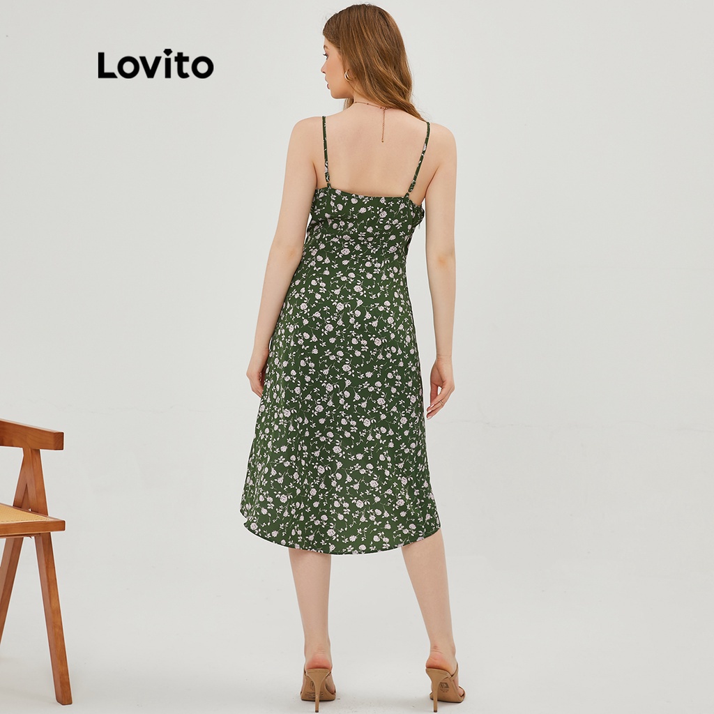 Lovito Đầm Hai Dây Phối Bèo Họa Tiết Hoa Xẻ Tà Phong Cách Vintage L20E001