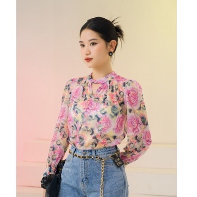 Áo sơ mi tơ nữ họa tiết hoa cổ vắt V OrChid - GT4S587