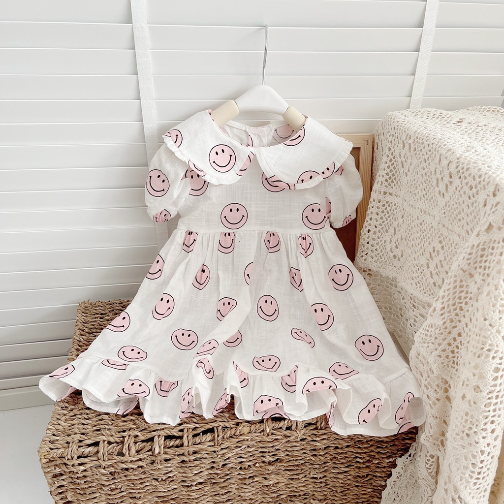 Váy hè cộc tay MẶT CƯỜI cho bé gái 1-6 tuổi-  Chất thô xước mỏng- mềm mát